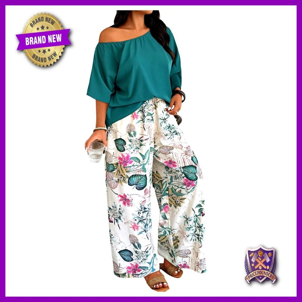Plus Size Off Shoulder Top and Boho Print Pants Set Vacation Outfit